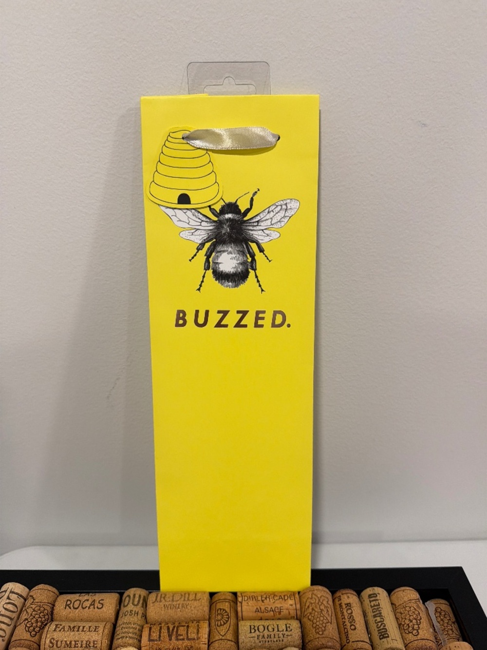 BUZZED. Yellow Black White Bee Graphic Wine Bottle Bag Gift Holder